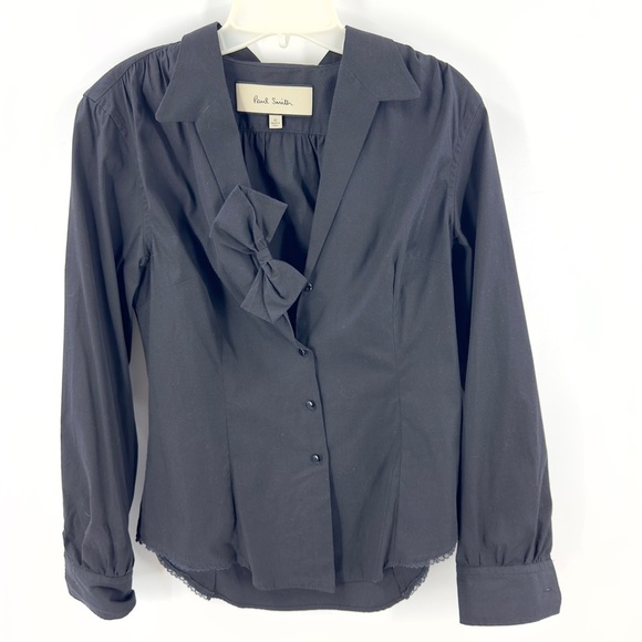 Paul Smith Italy Womens Button Up Bow Blouse Top Size 42 US S Black Long Sleeve - Picture 1 of 11